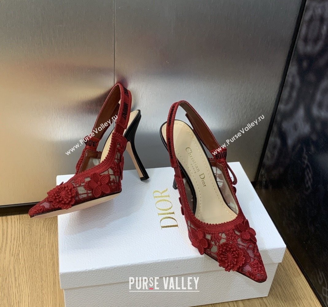 Dior JAdior Slingback Pumps 9.5cm in Transparent Mesh Embroidered with Red 3D Macrame-Effect D-Lace Motif 2023 (MD-231202013)