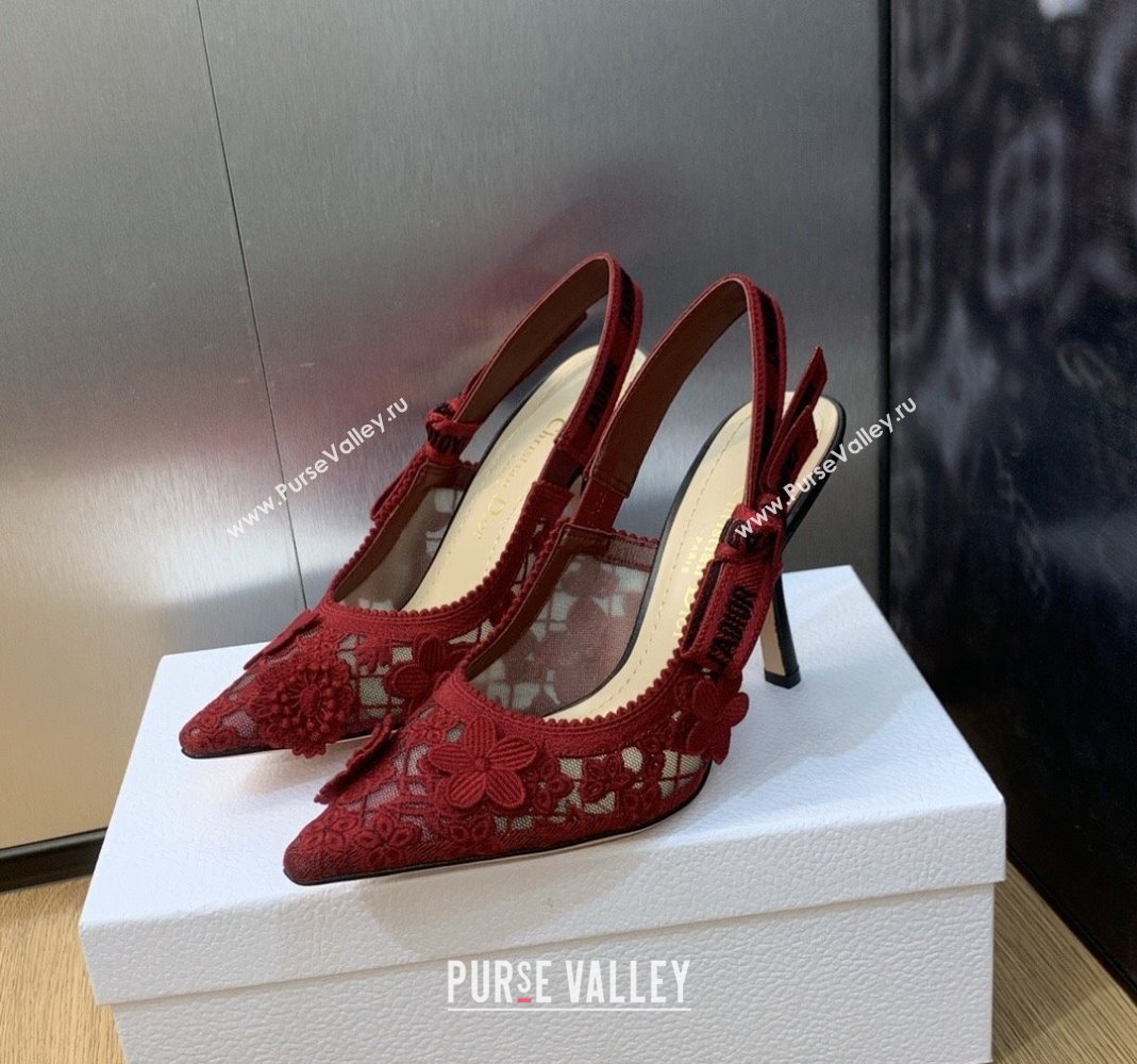 Dior JAdior Slingback Pumps 9.5cm in Transparent Mesh Embroidered with Red 3D Macrame-Effect D-Lace Motif 2023 (MD-231202013)