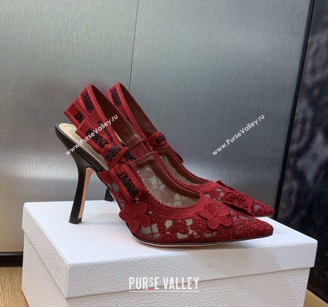 Dior JAdior Slingback Pumps 9.5cm in Transparent Mesh Embroidered with Red 3D Macrame-Effect D-Lace Motif 2023 (MD-231202013)