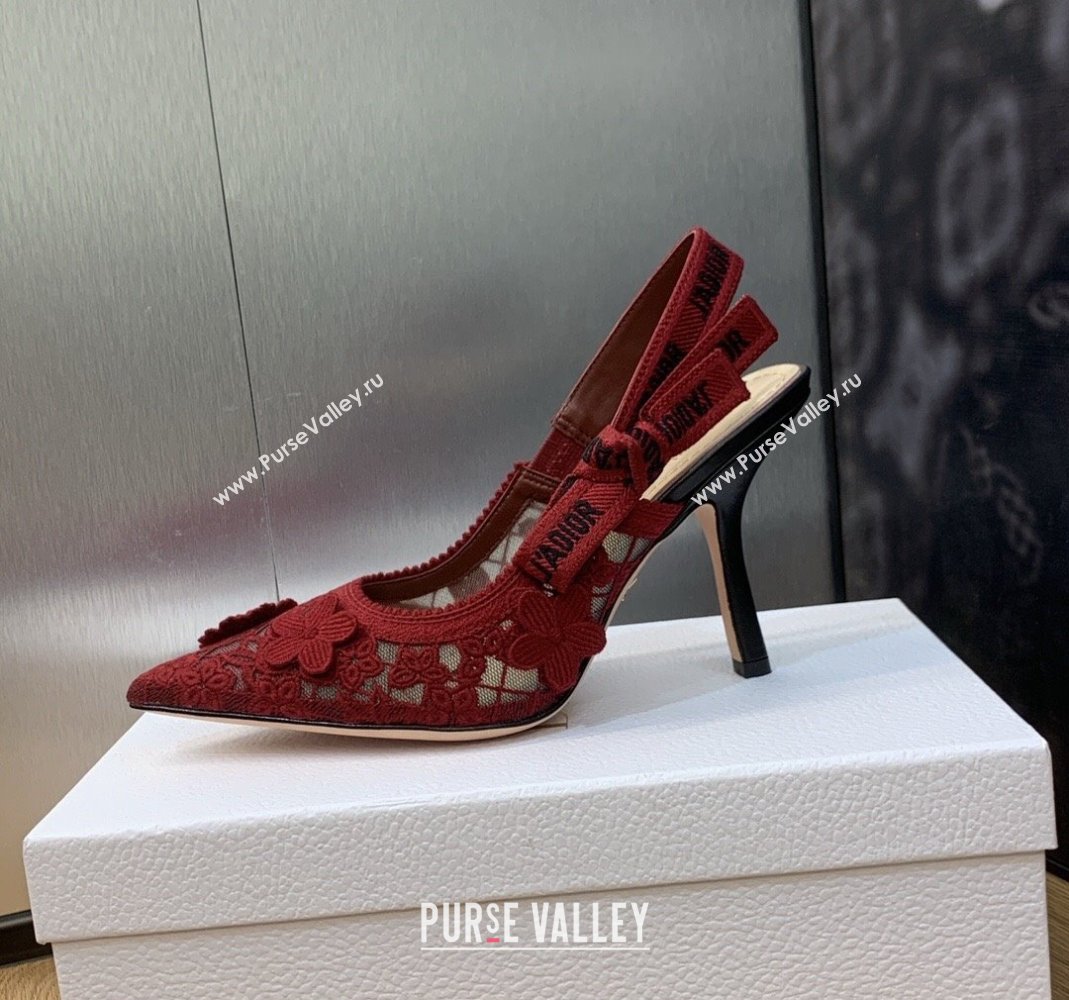 Dior JAdior Slingback Pumps 9.5cm in Transparent Mesh Embroidered with Red 3D Macrame-Effect D-Lace Motif 2023 (MD-231202013)