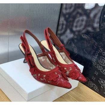 Dior JAdior Slingback Pumps 6.5cm in Transparent Mesh Embroidered with Red 3D Macrame-Effect D-Lace Motif 2023 (MD-231202014)