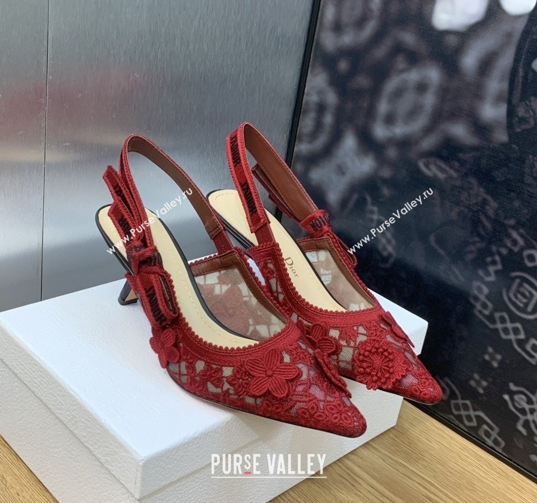 Dior JAdior Slingback Pumps 6.5cm in Transparent Mesh Embroidered with Red 3D Macrame-Effect D-Lace Motif 2023 (MD-231202014)