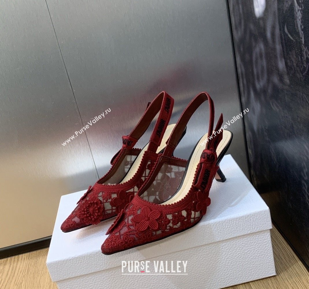 Dior JAdior Slingback Pumps 6.5cm in Transparent Mesh Embroidered with Red 3D Macrame-Effect D-Lace Motif 2023 (MD-231202014)