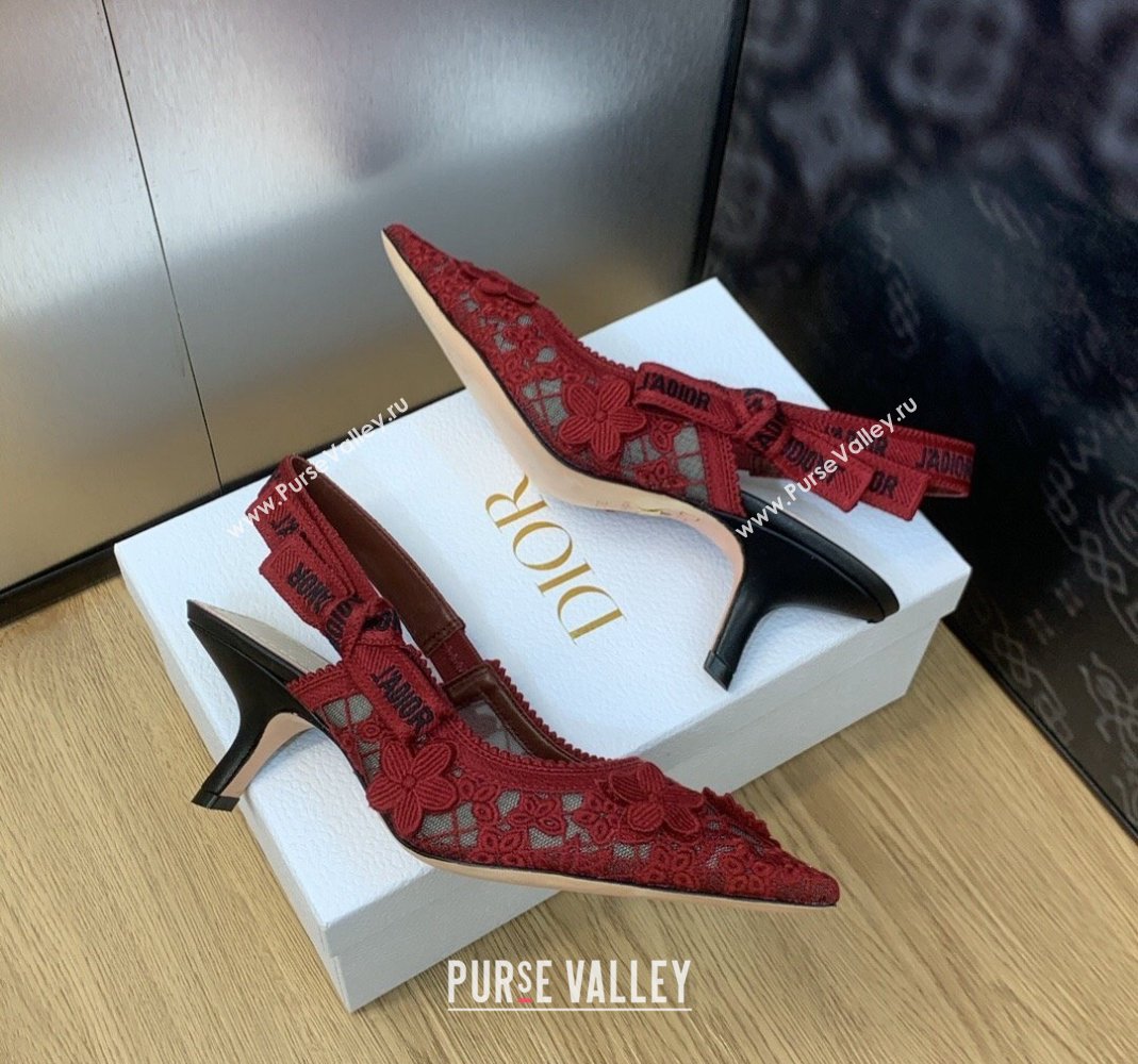 Dior JAdior Slingback Pumps 6.5cm in Transparent Mesh Embroidered with Red 3D Macrame-Effect D-Lace Motif 2023 (MD-231202014)