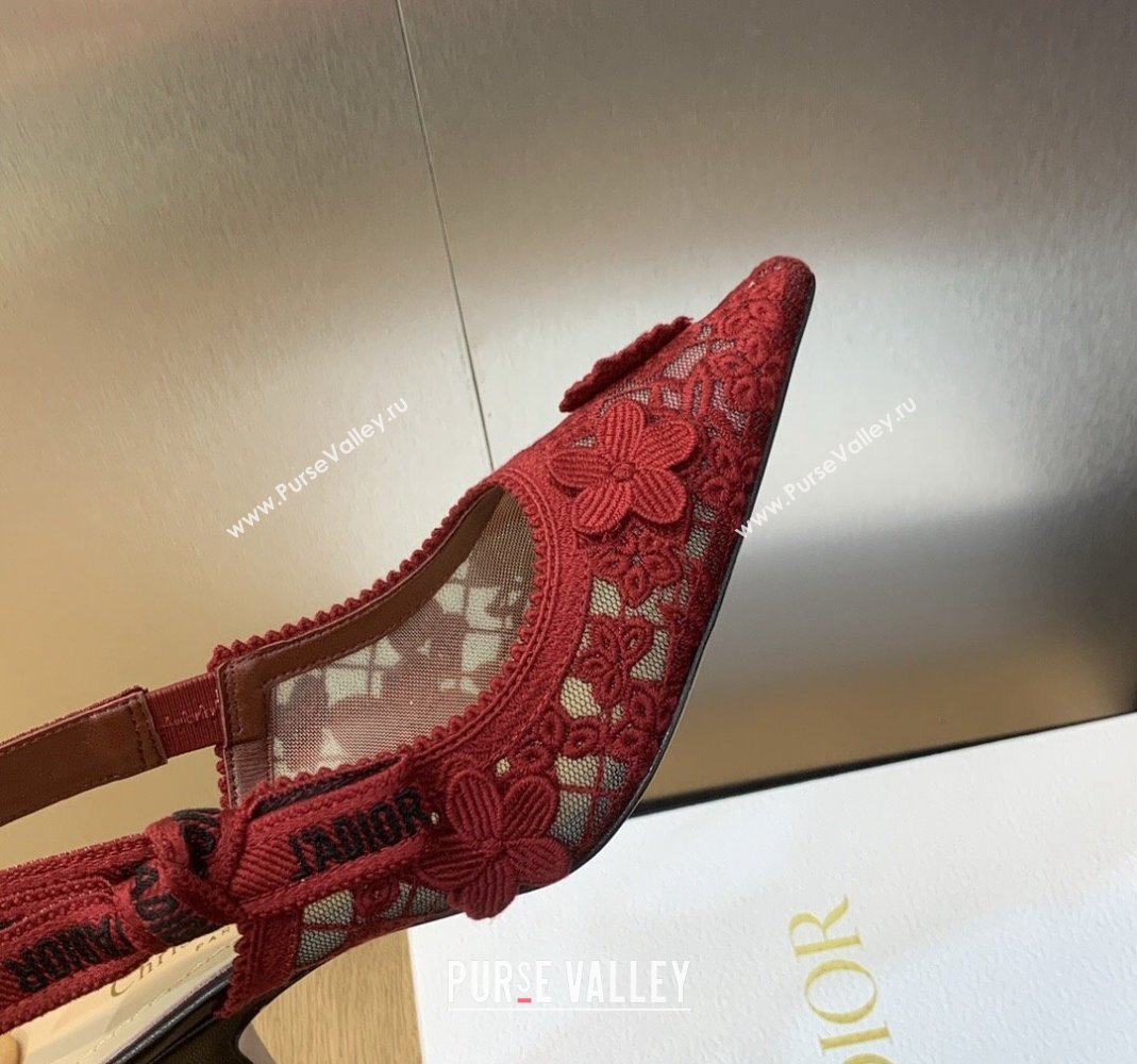 Dior JAdior Slingback Pumps 6.5cm in Transparent Mesh Embroidered with Red 3D Macrame-Effect D-Lace Motif 2023 (MD-231202014)