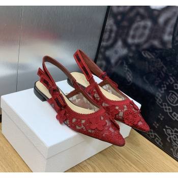 Dior JAdior Slingback Ballet Flat in Transparent Mesh Embroidered with Red 3D Macrame-Effect D-Lace Motif 2023 (MD-231202015)