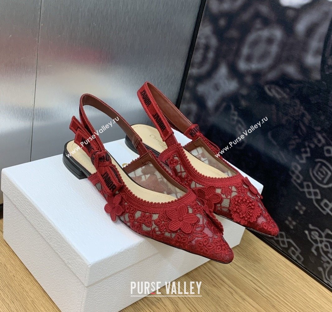 Dior JAdior Slingback Ballet Flat in Transparent Mesh Embroidered with Red 3D Macrame-Effect D-Lace Motif 2023 (MD-231202015)