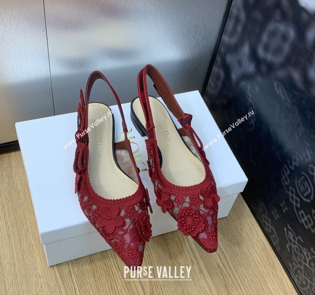 Dior JAdior Slingback Ballet Flat in Transparent Mesh Embroidered with Red 3D Macrame-Effect D-Lace Motif 2023 (MD-231202015)