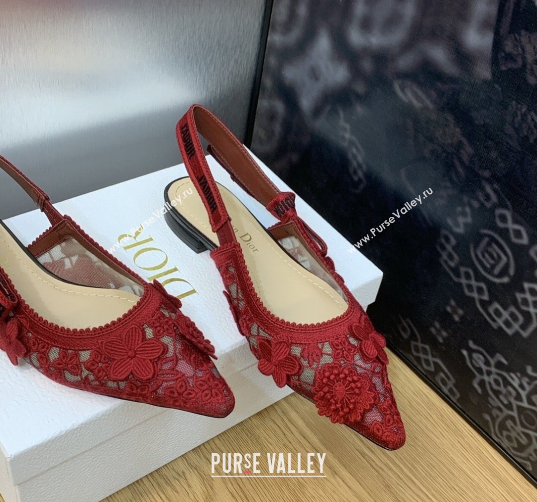 Dior JAdior Slingback Ballet Flat in Transparent Mesh Embroidered with Red 3D Macrame-Effect D-Lace Motif 2023 (MD-231202015)