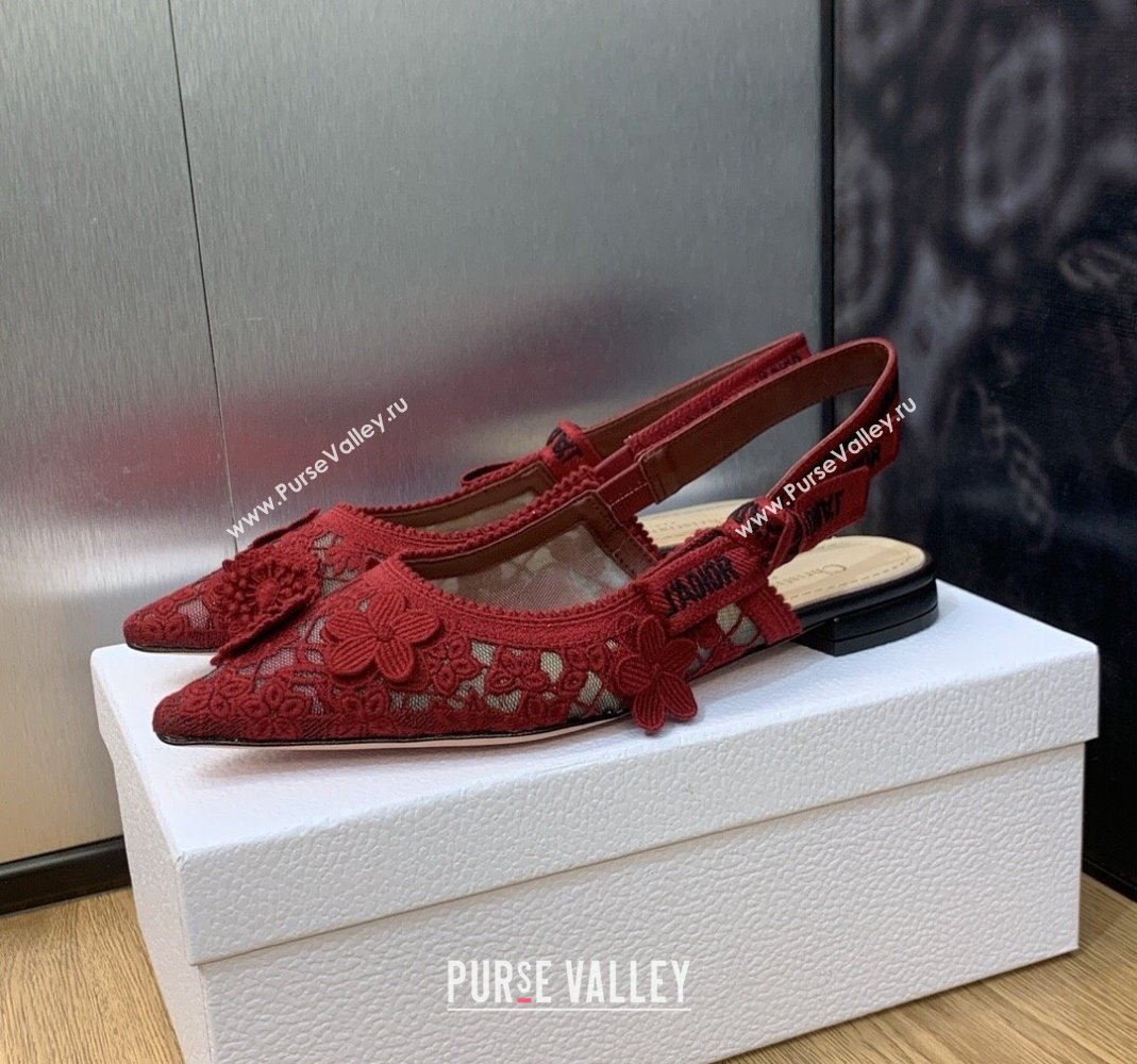 Dior JAdior Slingback Ballet Flat in Transparent Mesh Embroidered with Red 3D Macrame-Effect D-Lace Motif 2023 (MD-231202015)