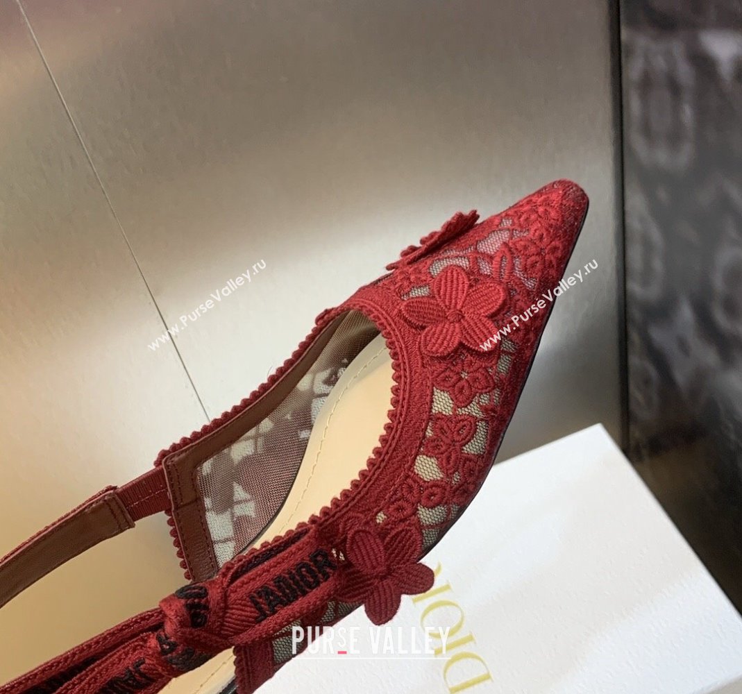 Dior JAdior Slingback Ballet Flat in Transparent Mesh Embroidered with Red 3D Macrame-Effect D-Lace Motif 2023 (MD-231202015)