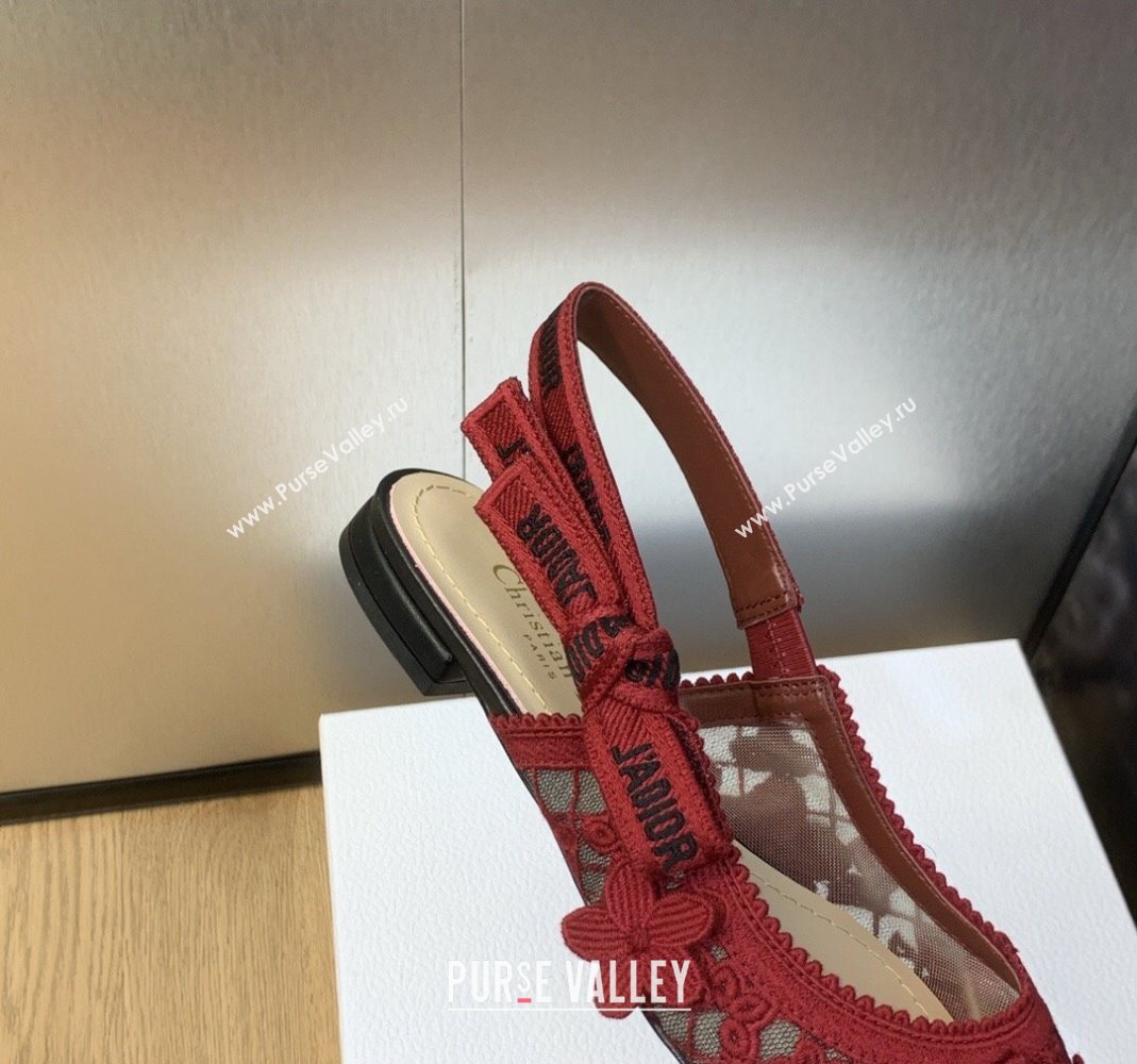 Dior JAdior Slingback Ballet Flat in Transparent Mesh Embroidered with Red 3D Macrame-Effect D-Lace Motif 2023 (MD-231202015)