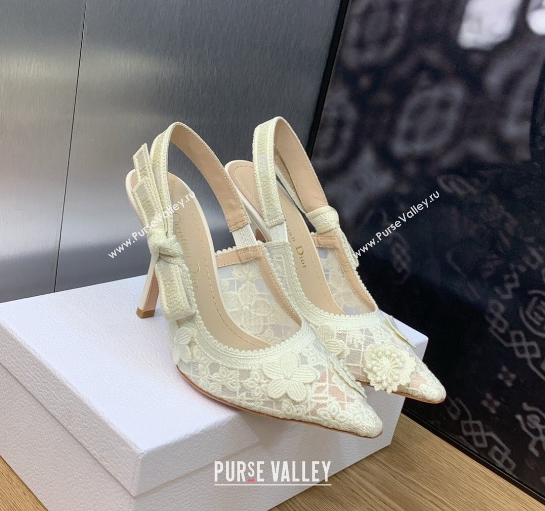 Dior JAdior Slingback Pumps 9.5cm in Transparent Mesh Embroidered with White 3D Macrame-Effect D-Lace Motif 2023 (MD-231202016)