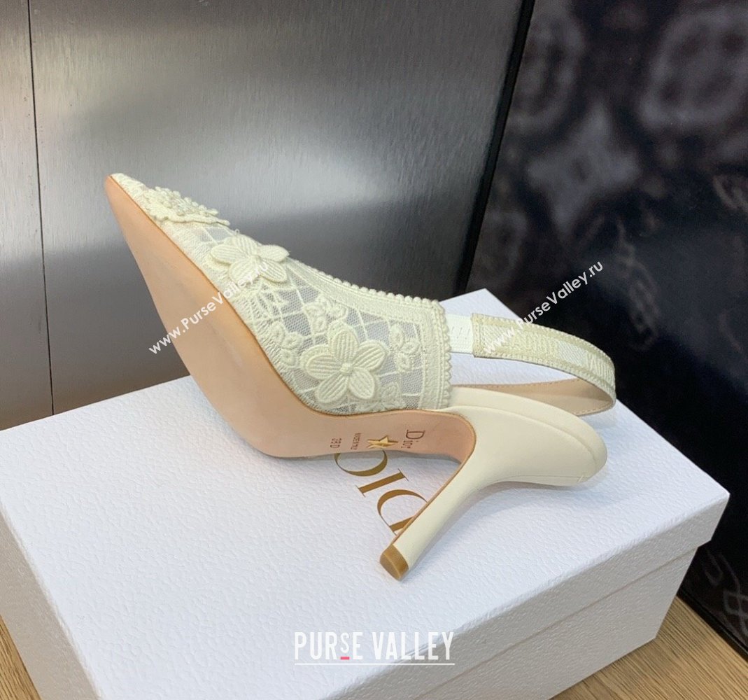 Dior JAdior Slingback Pumps 9.5cm in Transparent Mesh Embroidered with White 3D Macrame-Effect D-Lace Motif 2023 (MD-231202016)