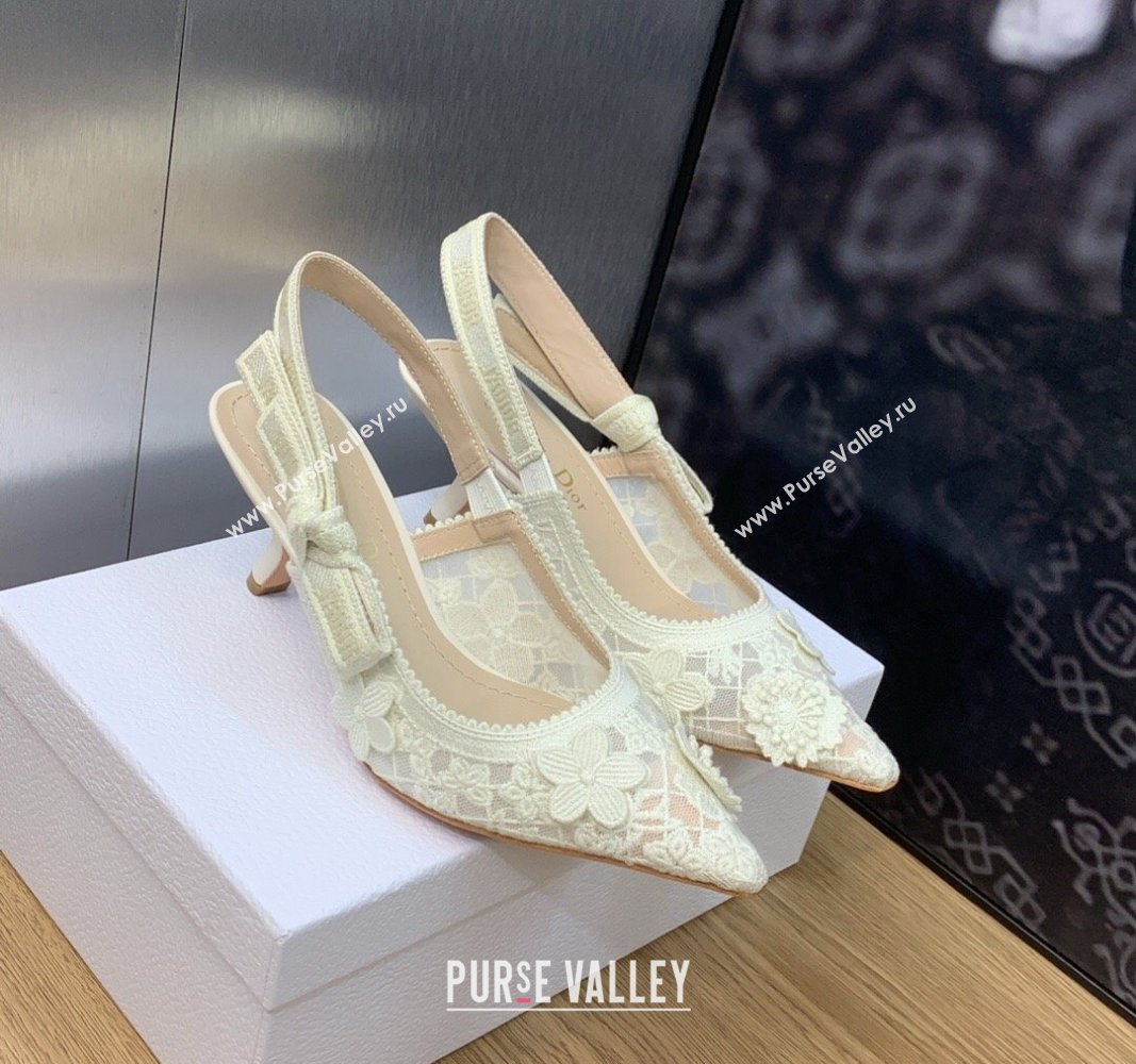 Dior JAdior Slingback Pumps 6.5cm in Transparent Mesh Embroidered with White 3D Macrame-Effect D-Lace Motif 2023 (MD-231202017)