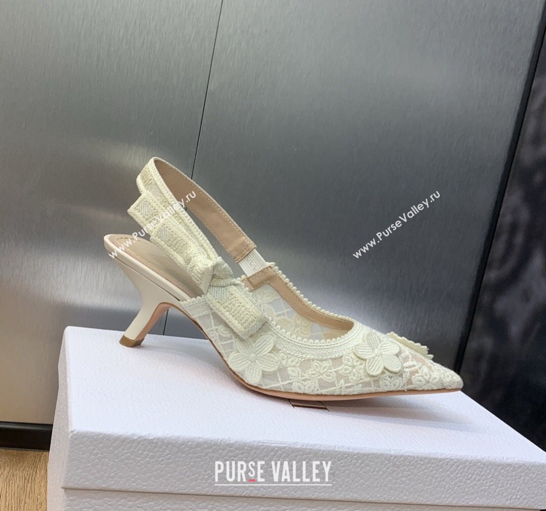 Dior JAdior Slingback Pumps 6.5cm in Transparent Mesh Embroidered with White 3D Macrame-Effect D-Lace Motif 2023 (MD-231202017)