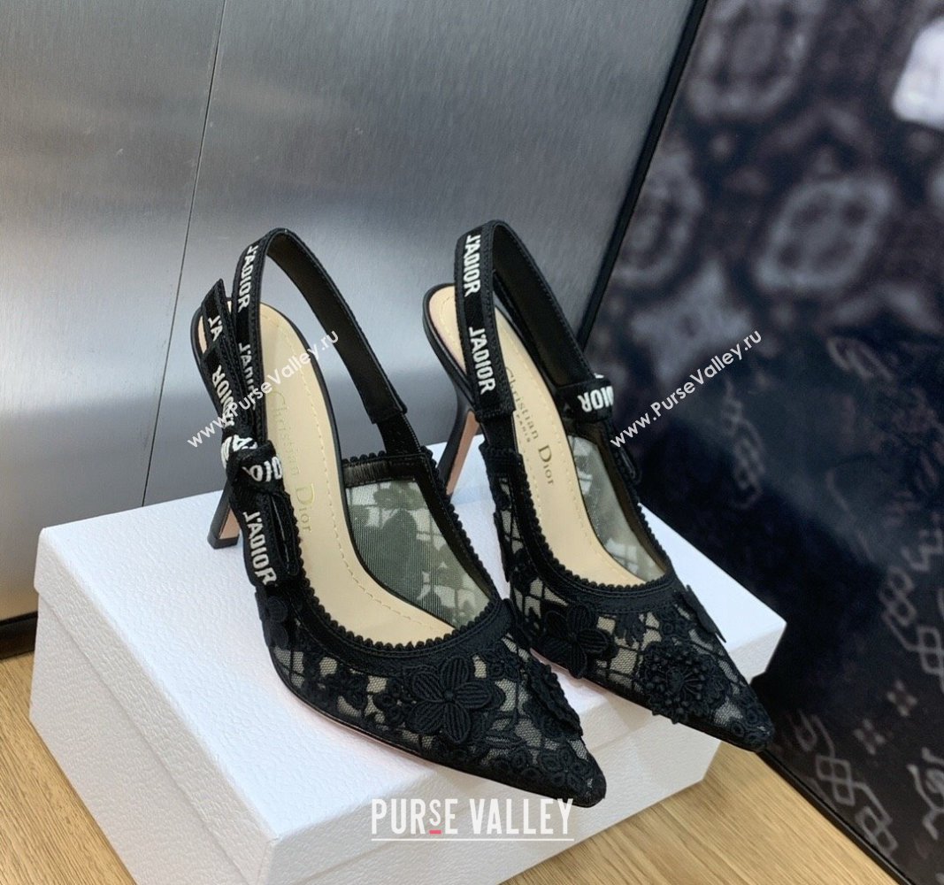 Dior JAdior Slingback Pumps 9.5cm in Transparent Mesh Embroidered with Black 3D Macrame-Effect D-Lace Motif 2023 (MD-231202019)