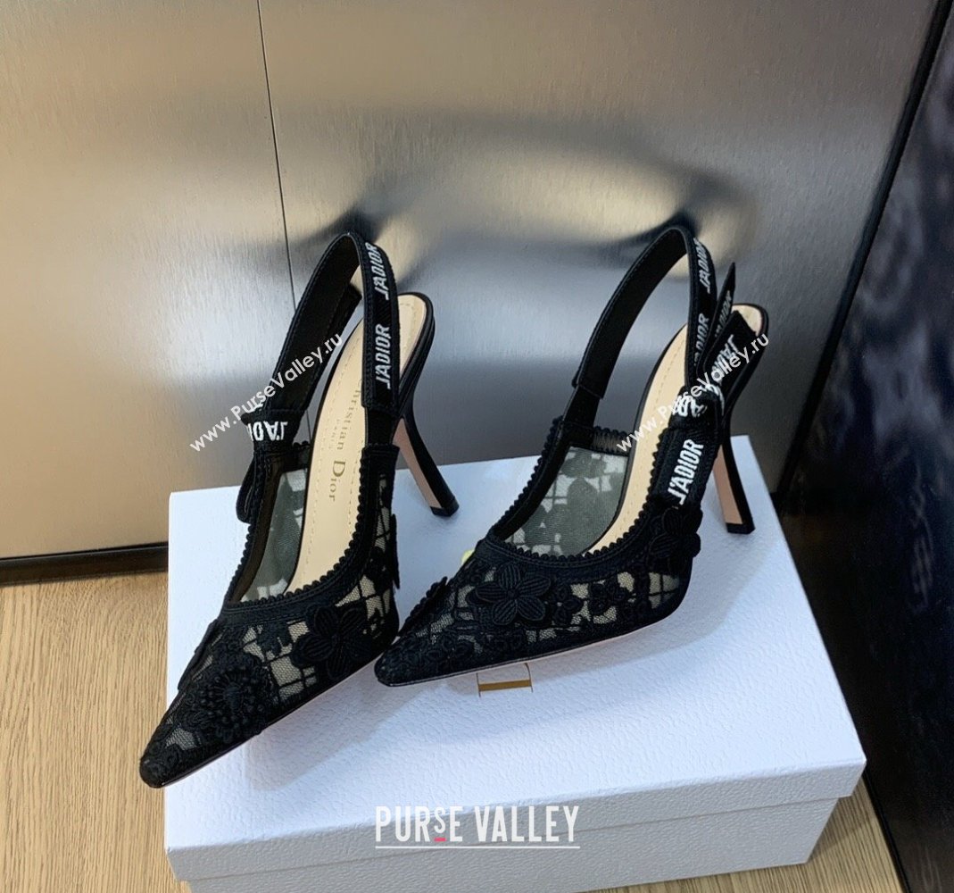 Dior JAdior Slingback Pumps 9.5cm in Transparent Mesh Embroidered with Black 3D Macrame-Effect D-Lace Motif 2023 (MD-231202019)