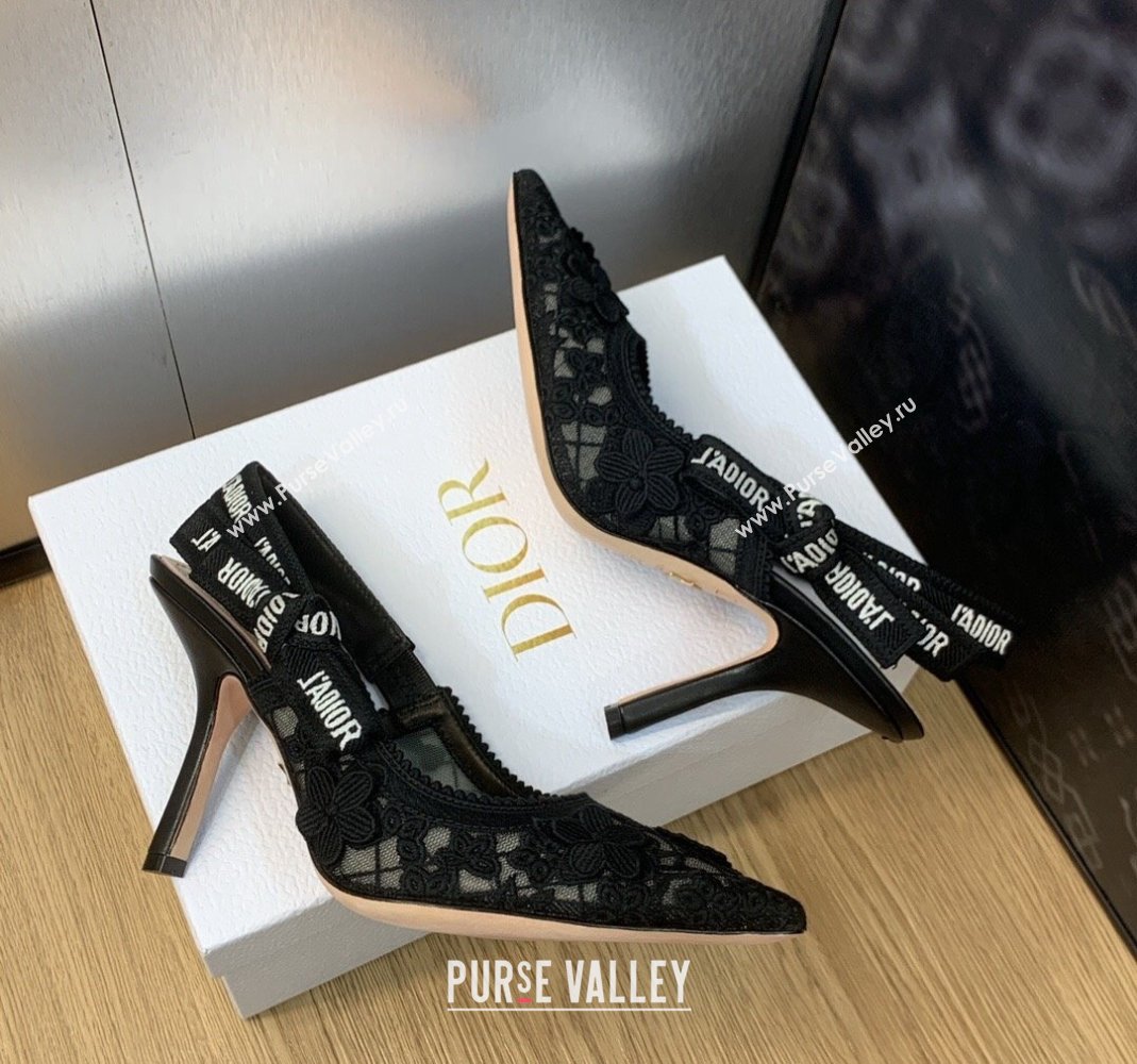 Dior JAdior Slingback Pumps 9.5cm in Transparent Mesh Embroidered with Black 3D Macrame-Effect D-Lace Motif 2023 (MD-231202019)