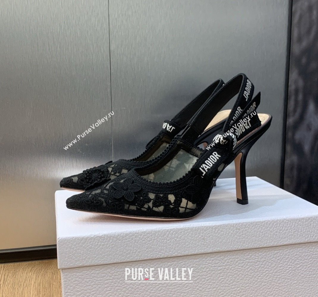 Dior JAdior Slingback Pumps 9.5cm in Transparent Mesh Embroidered with Black 3D Macrame-Effect D-Lace Motif 2023 (MD-231202019)