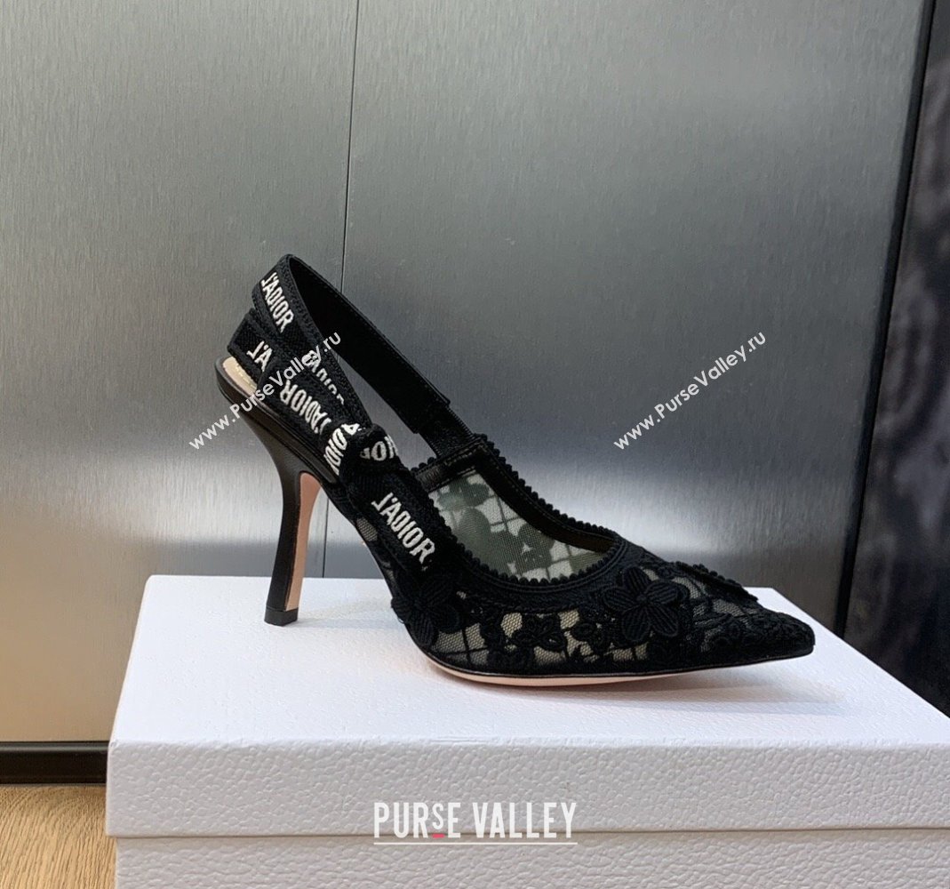 Dior JAdior Slingback Pumps 9.5cm in Transparent Mesh Embroidered with Black 3D Macrame-Effect D-Lace Motif 2023 (MD-231202019)