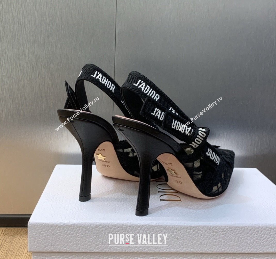 Dior JAdior Slingback Pumps 9.5cm in Transparent Mesh Embroidered with Black 3D Macrame-Effect D-Lace Motif 2023 (MD-231202019)