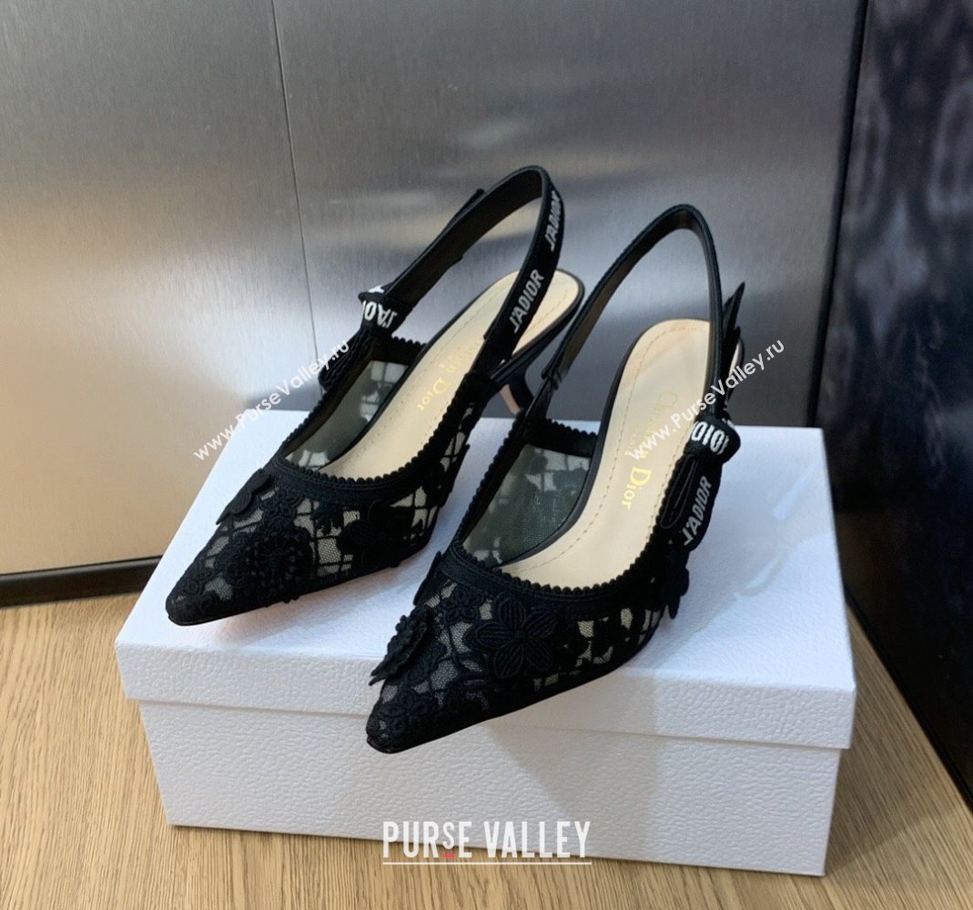 Dior JAdior Slingback Pumps 6.5cm in Transparent Mesh Embroidered with Black 3D Macrame-Effect D-Lace Motif 2023 (MD-231202020)