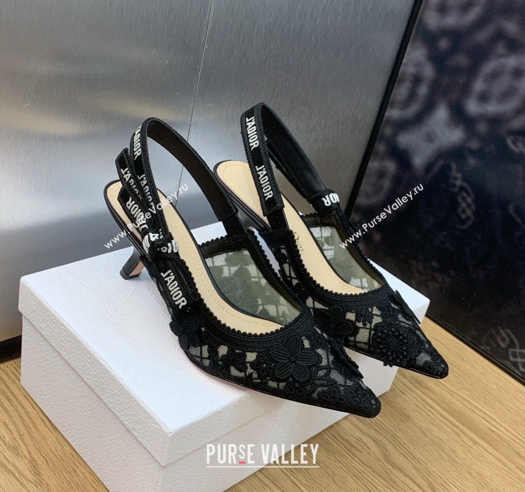 Dior JAdior Slingback Pumps 6.5cm in Transparent Mesh Embroidered with Black 3D Macrame-Effect D-Lace Motif 2023 (MD-231202020)