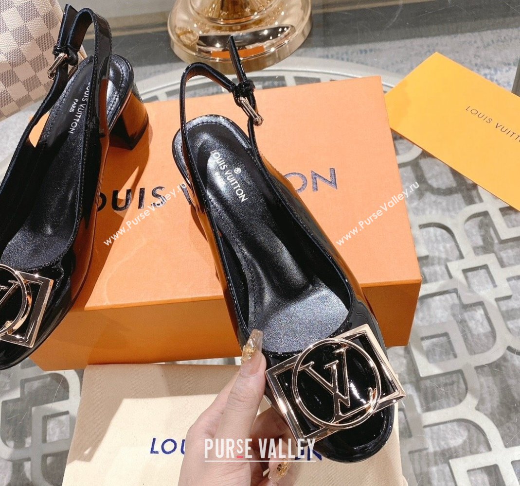 Louis Vuitton Madeleine Slingback Pumps 4.5cm in Patent Leather with LV Circle Black 2023 (MD-231204036)