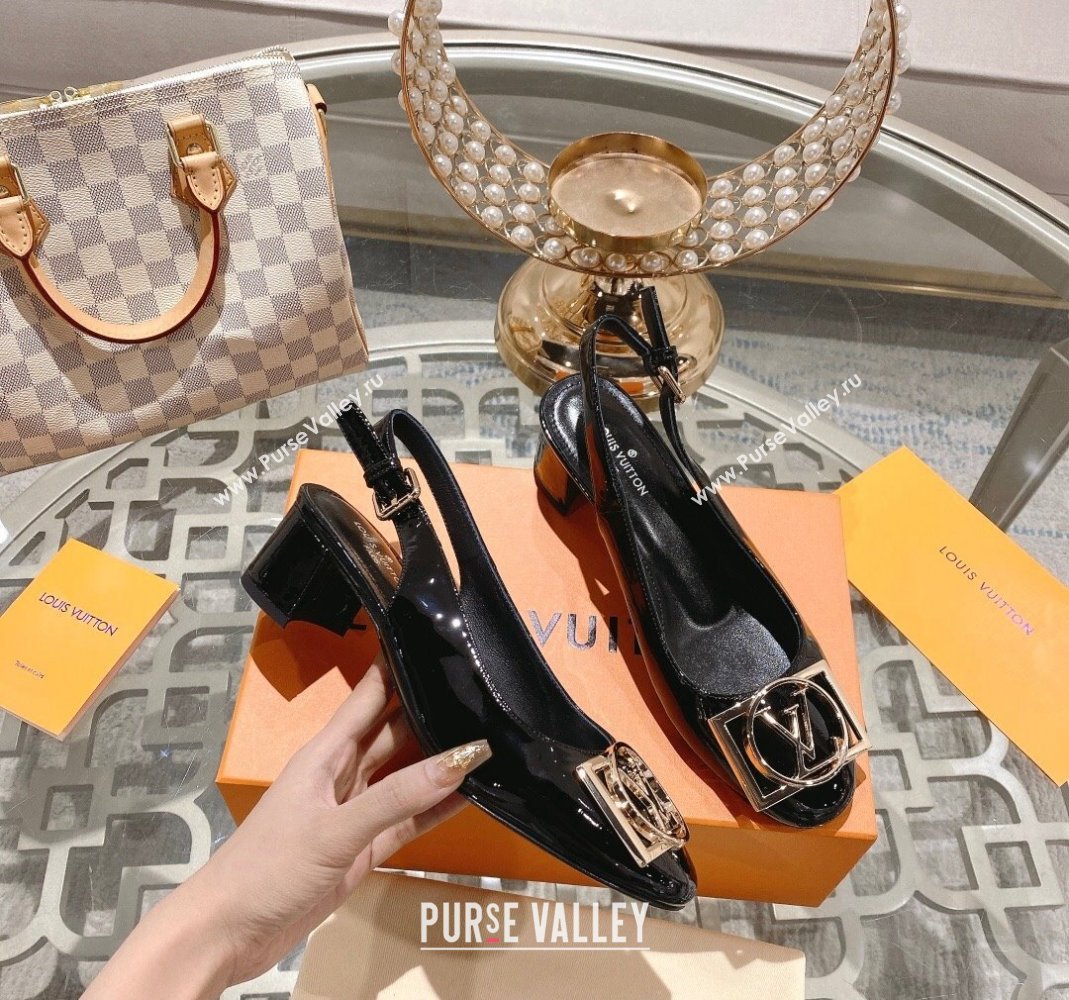 Louis Vuitton Madeleine Slingback Pumps 4.5cm in Patent Leather with LV Circle Black 2023 (MD-231204036)