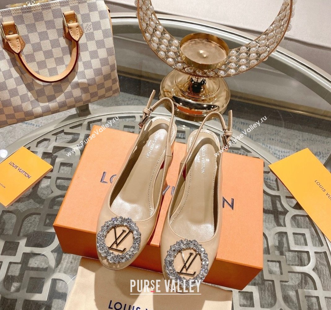 Louis Vuitton Madeleine Slingback Pumps 4.5cm in Patent Leather with LV Crystals Nude 2023 (MD-231204039)