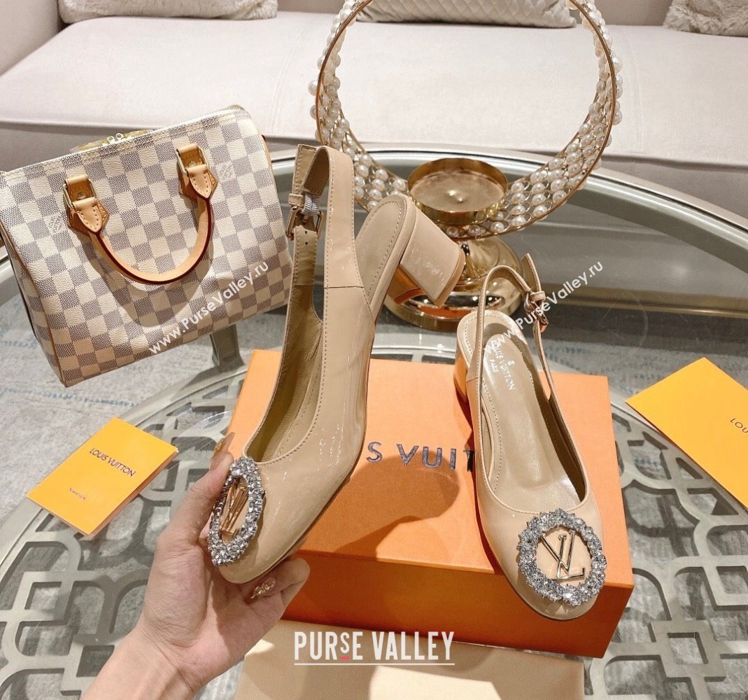 Louis Vuitton Madeleine Slingback Pumps 4.5cm in Patent Leather with LV Crystals Nude 2023 (MD-231204039)