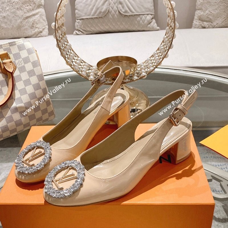 Louis Vuitton Madeleine Slingback Pumps 4.5cm in Patent Leather with LV Crystals Nude 2023 (MD-231204039)