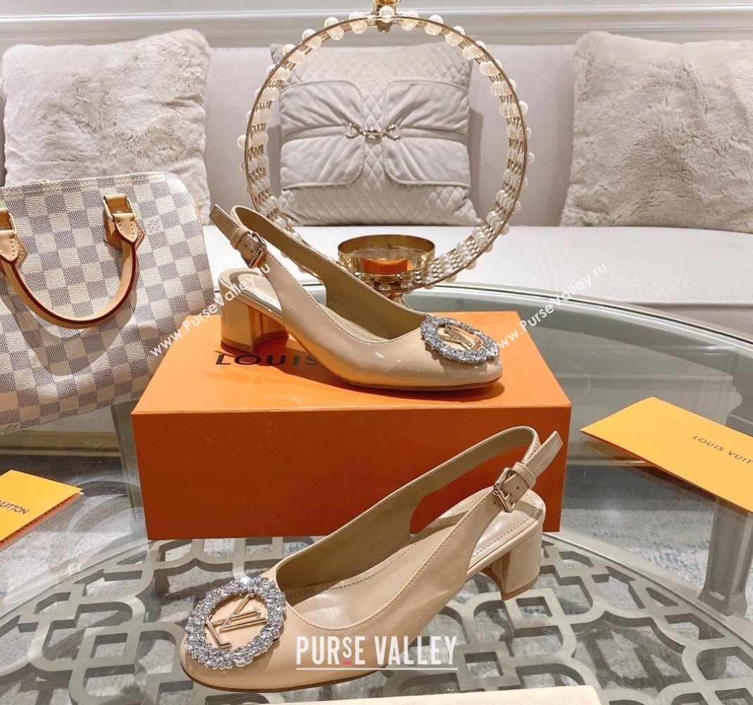 Louis Vuitton Madeleine Slingback Pumps 4.5cm in Patent Leather with LV Crystals Nude 2023 (MD-231204039)