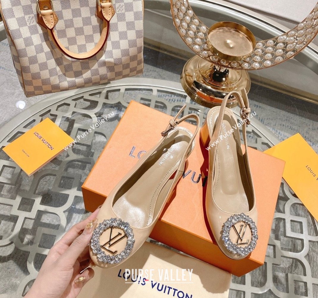 Louis Vuitton Madeleine Slingback Pumps 4.5cm in Patent Leather with LV Crystals Nude 2023 (MD-231204039)