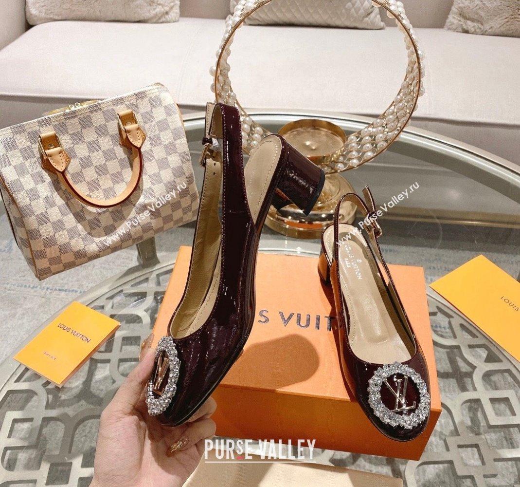 Louis Vuitton Madeleine Slingback Pumps 4.5cm in Patent Leather with LV Crystals Burgundy 2023 (MD-231204040)