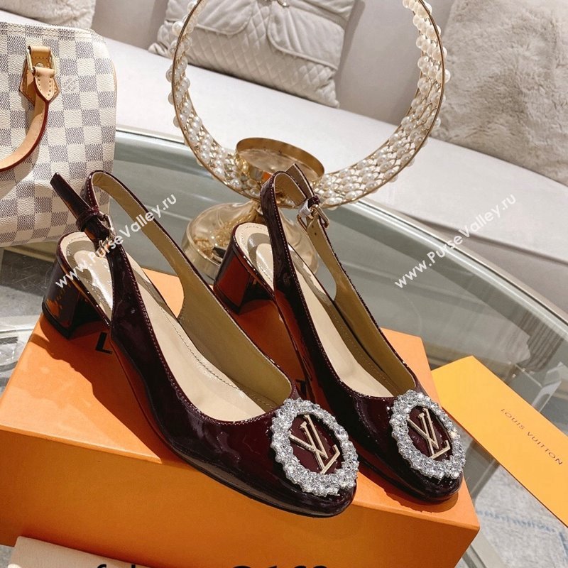 Louis Vuitton Madeleine Slingback Pumps 4.5cm in Patent Leather with LV Crystals Burgundy 2023 (MD-231204040)