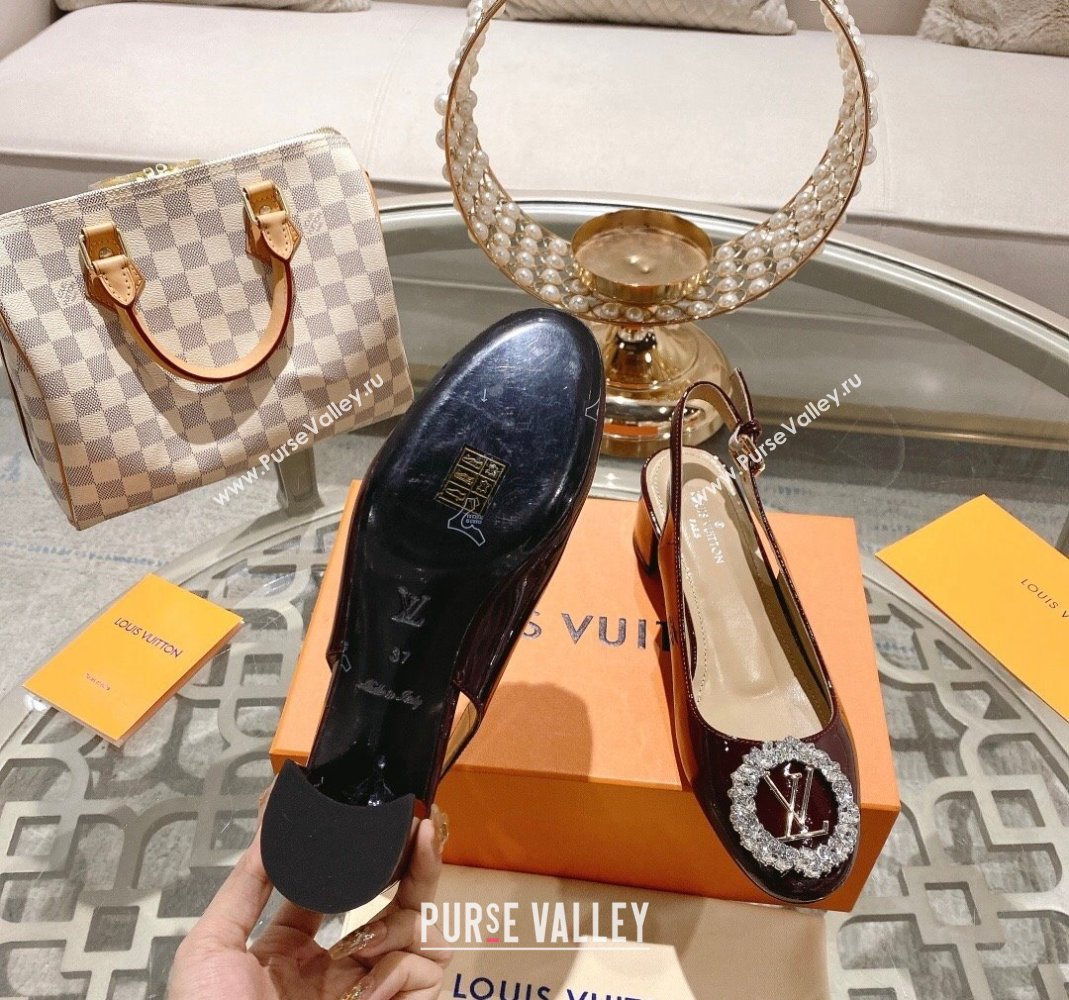 Louis Vuitton Madeleine Slingback Pumps 4.5cm in Patent Leather with LV Crystals Burgundy 2023 (MD-231204040)