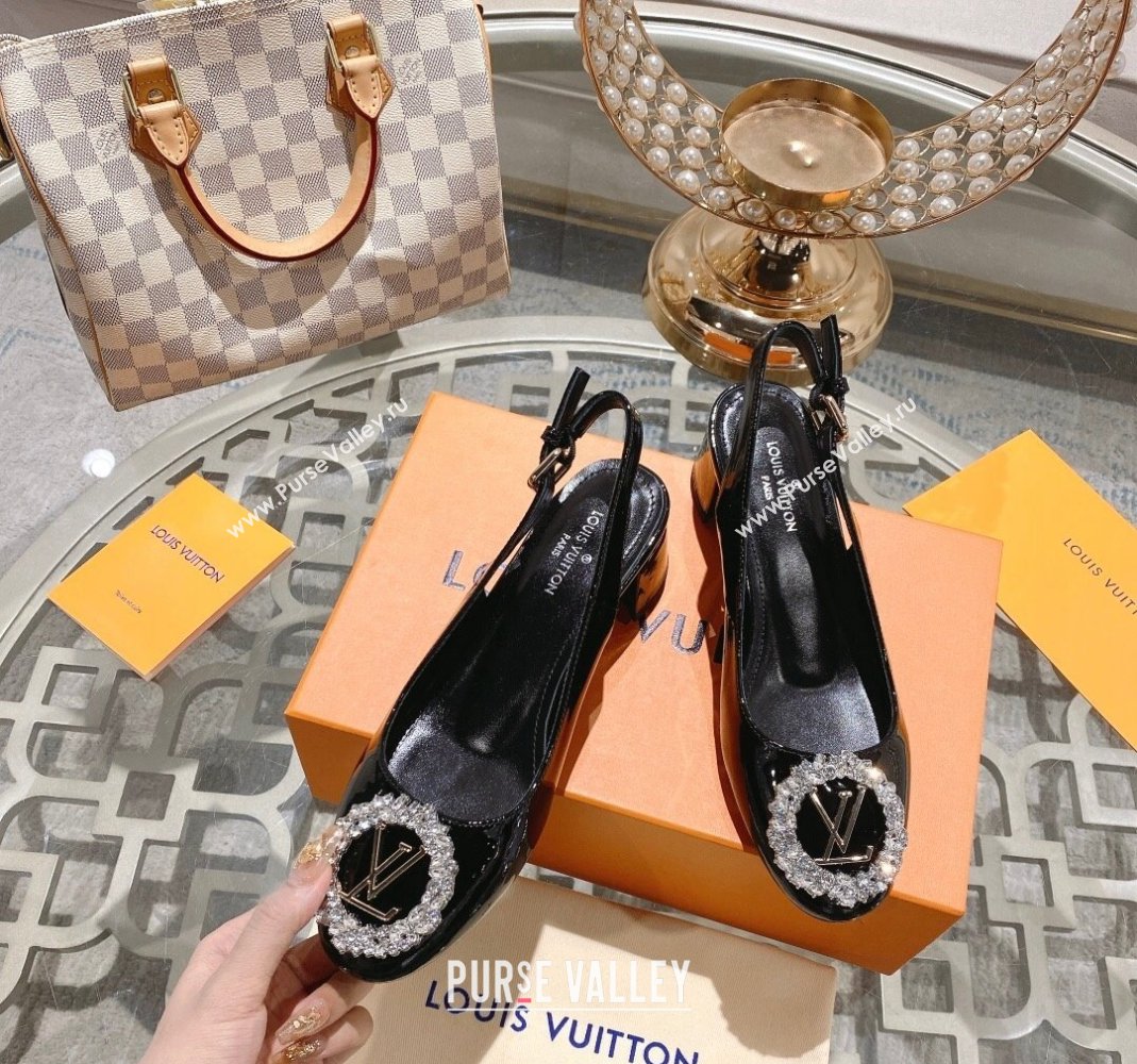 Louis Vuitton Madeleine Slingback Pumps 4.5cm in Patent Leather with LV Crystals Black 2023 (MD-231204043)