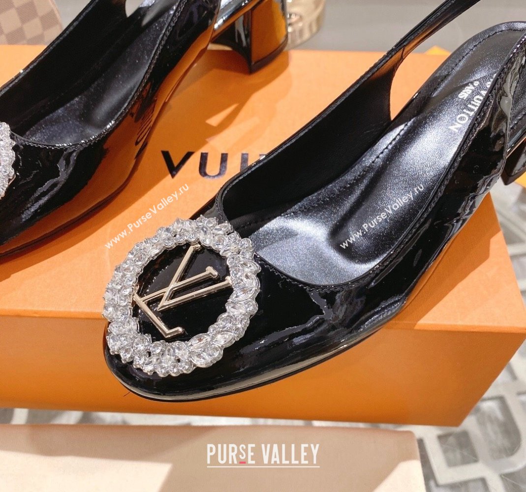 Louis Vuitton Madeleine Slingback Pumps 4.5cm in Patent Leather with LV Crystals Black 2023 (MD-231204043)