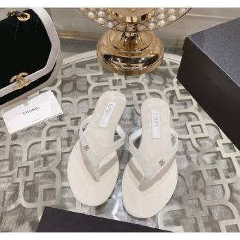 Chanel Velvet Flat Thong Slide Sandals with Crystal CC White 2023 CH120106 (MD-231201035)