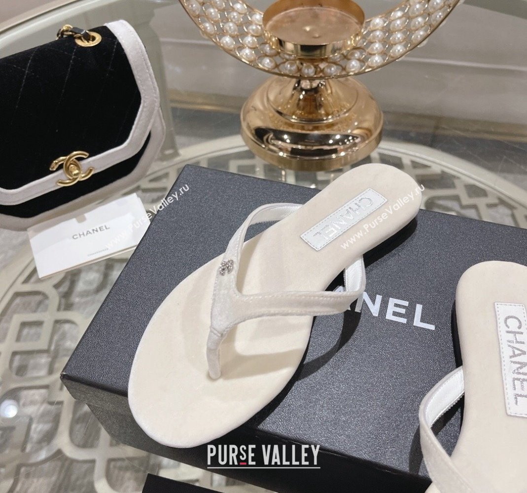 Chanel Velvet Flat Thong Slide Sandals with Crystal CC White 2023 CH120106 (MD-231201035)