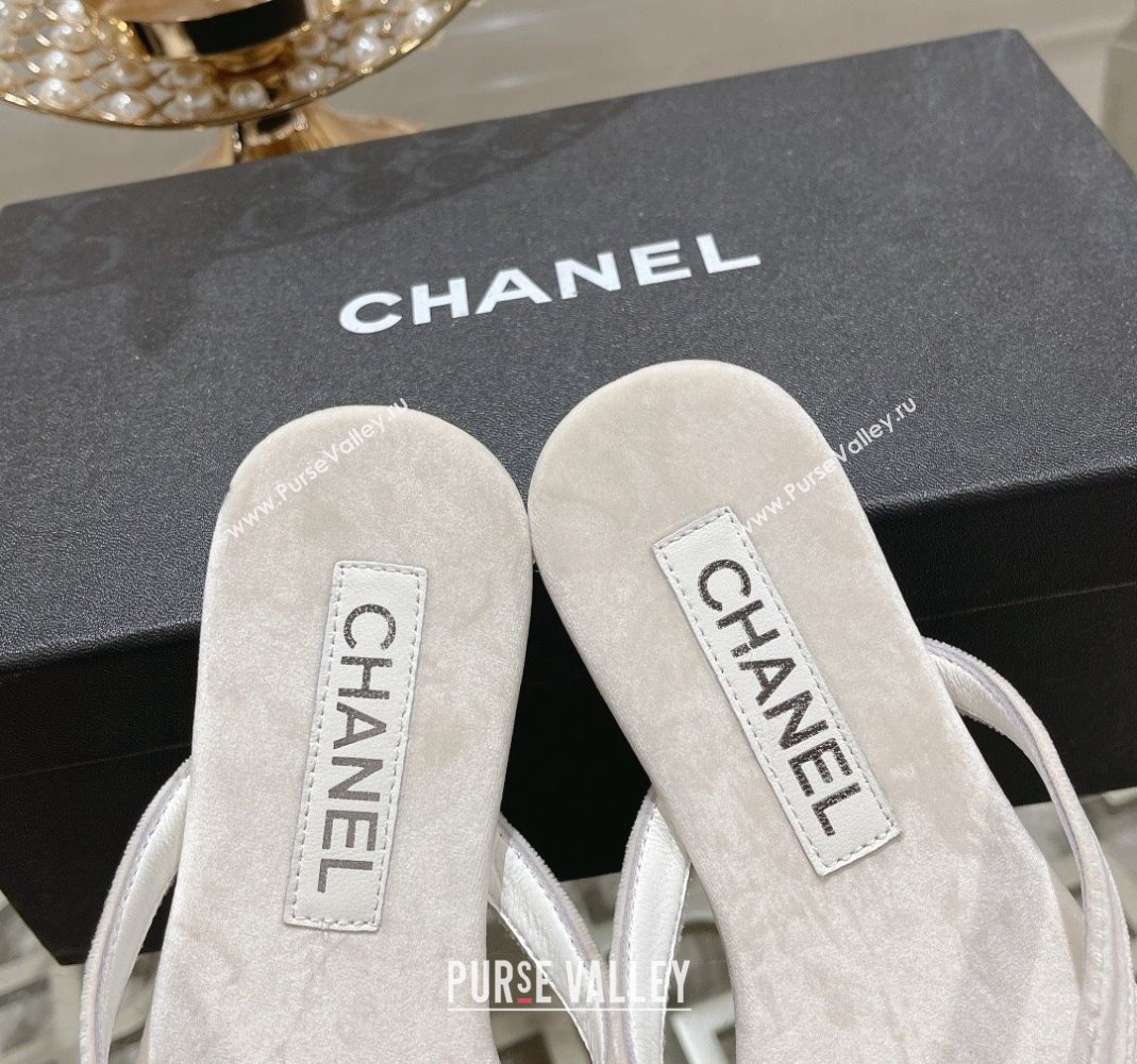 Chanel Velvet Flat Thong Slide Sandals with Crystal CC White 2023 CH120106 (MD-231201035)