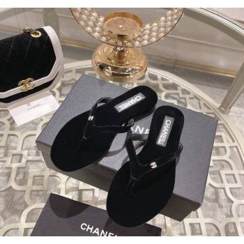 Chanel Velvet Flat Thong Slide Sandals with Crystal CC Black 2023 CH120106 (MD-231201036)