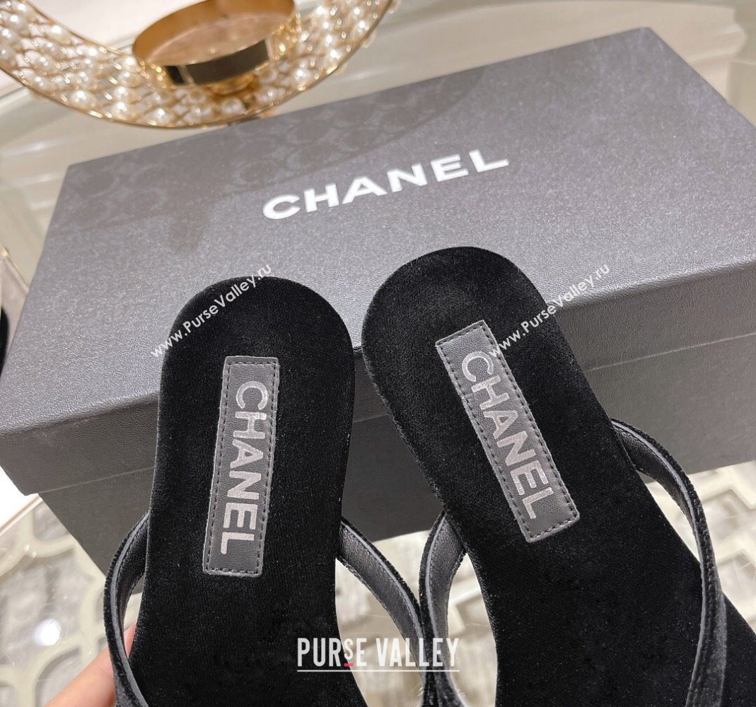 Chanel Velvet Flat Thong Slide Sandals with Crystal CC Black 2023 CH120106 (MD-231201036)