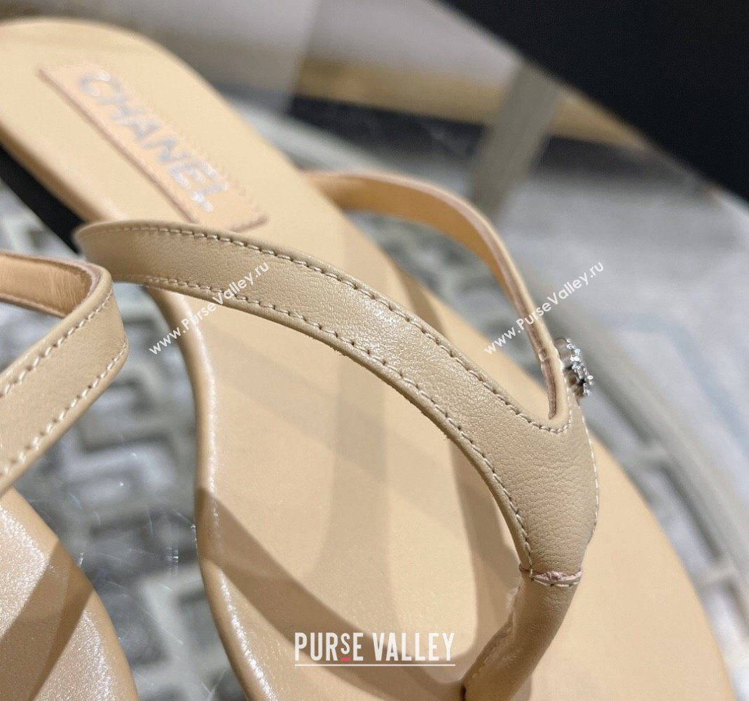 Chanel Leather Flat Thong Slide Sandals with Crystal CC Beige 2023 CH120106 (MD-231201037)