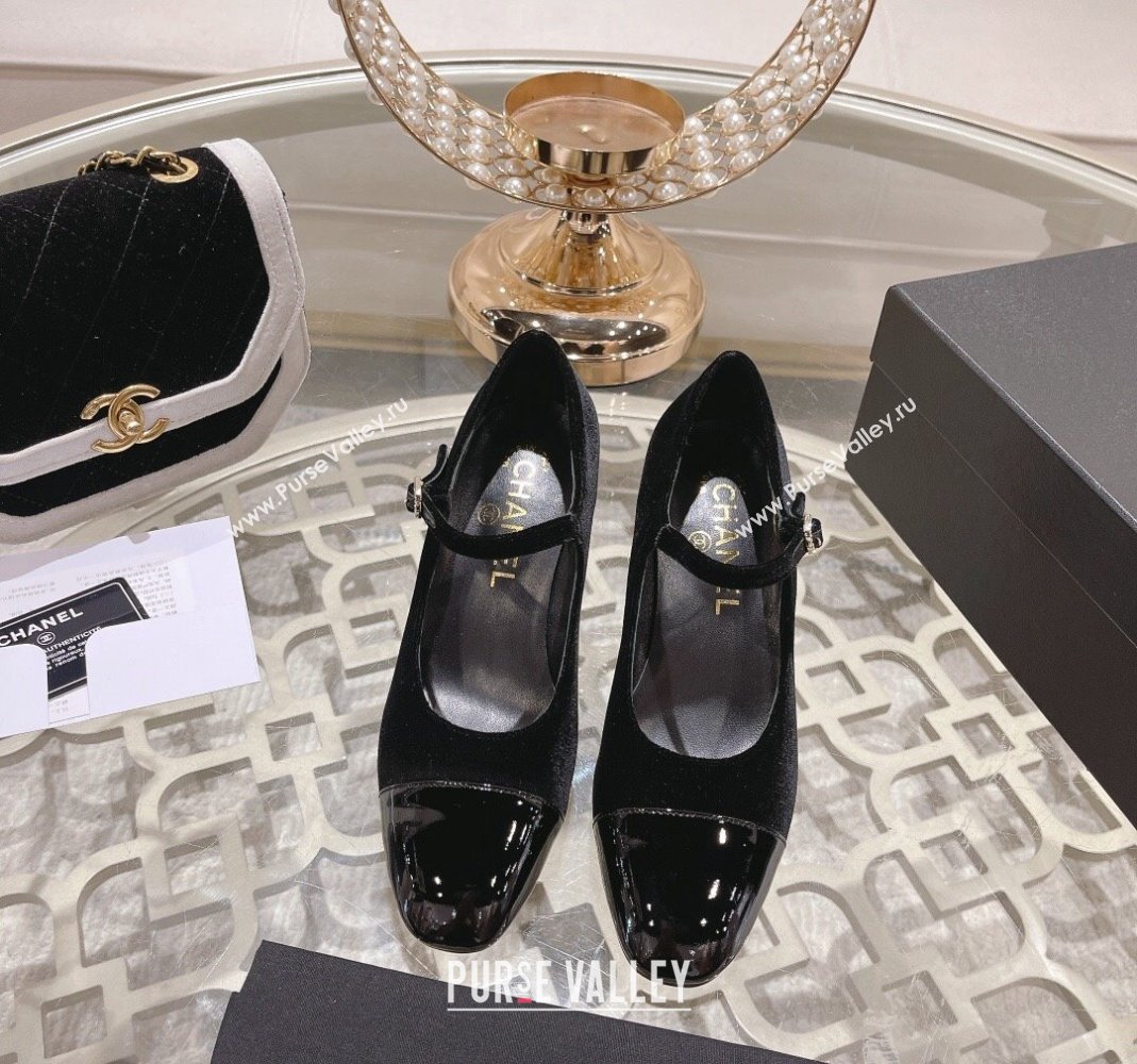 Chanel Velvet Mary Janes Pumps 6.5cm All Black 2023 CH120107 (MD-231201041)