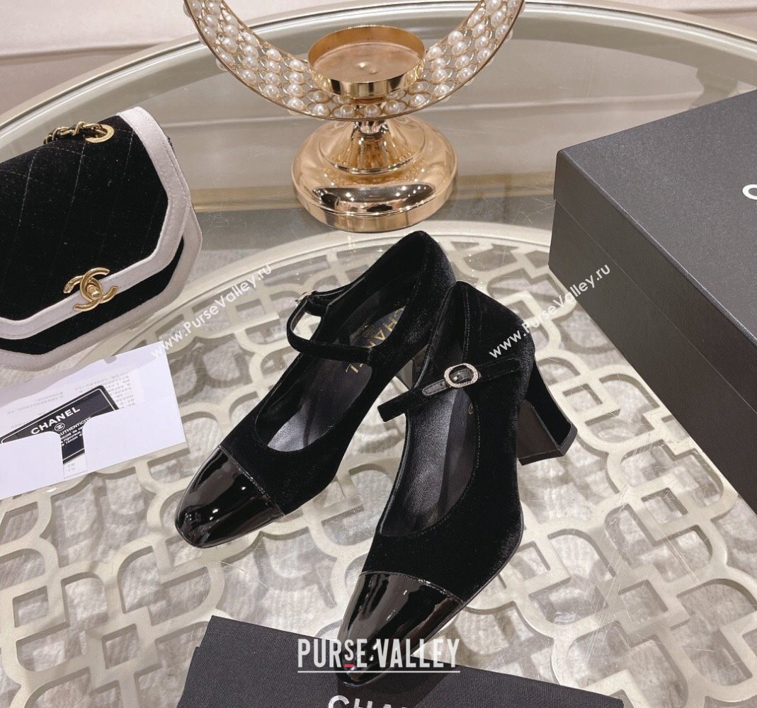 Chanel Velvet Mary Janes Pumps 6.5cm All Black 2023 CH120107 (MD-231201041)