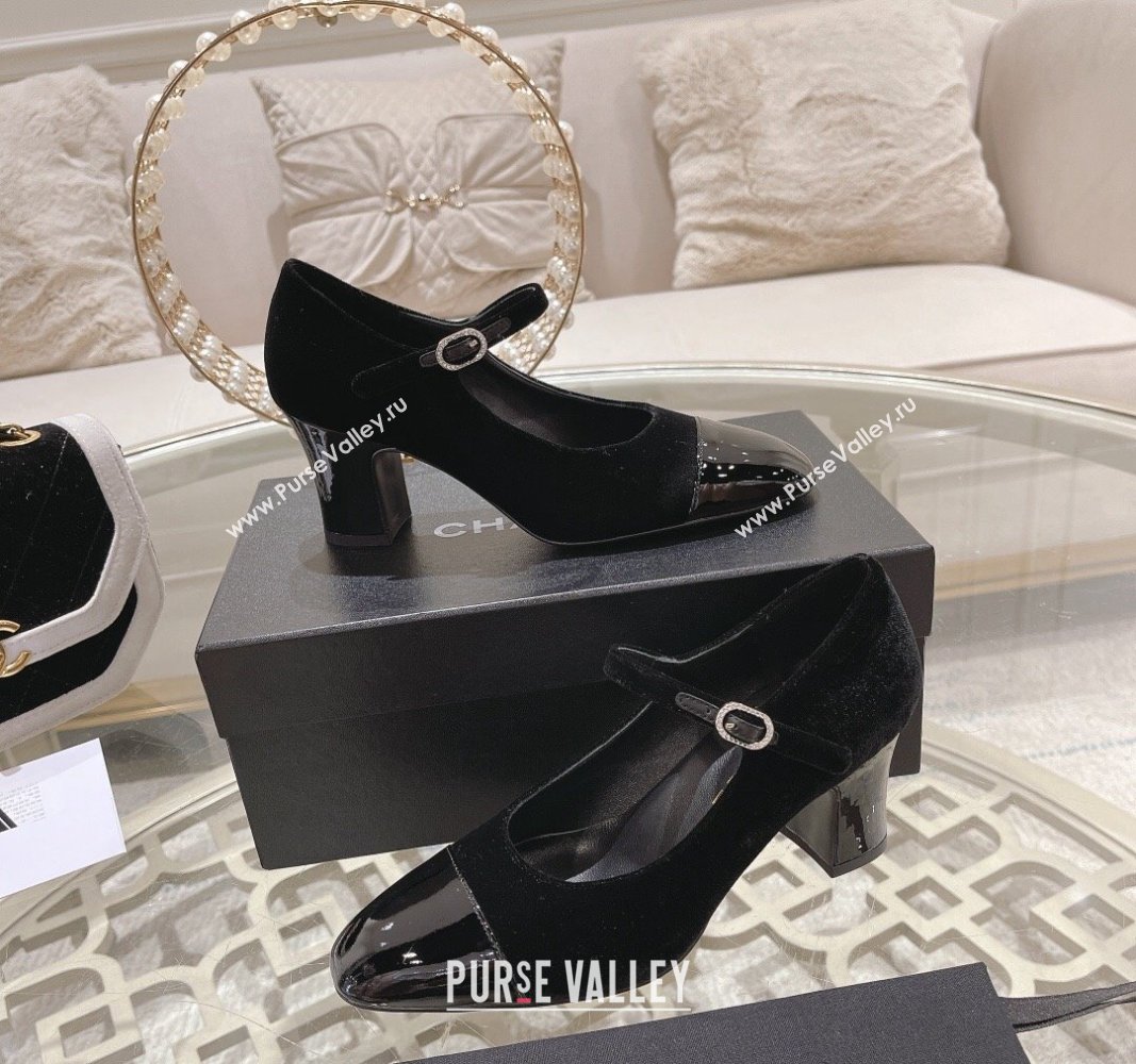 Chanel Velvet Mary Janes Pumps 6.5cm All Black 2023 CH120107 (MD-231201041)