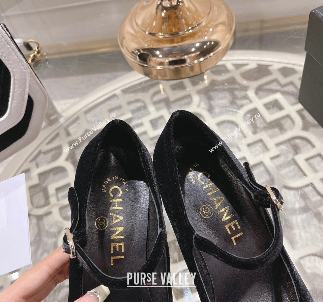 Chanel Velvet Mary Janes Pumps 6.5cm All Black 2023 CH120107 (MD-231201041)